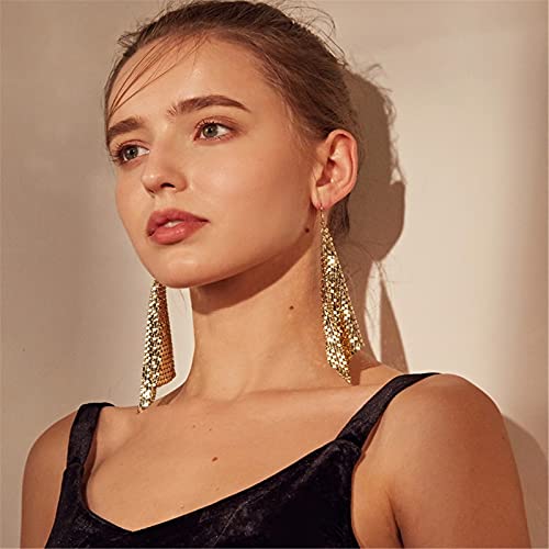 coadipress Metal Mesh Grid Sequins Tassel Long Drop Dangle Earrings for Women Trendy Lightweight Charms Disco Vintage Colorful Long Hook Earrings Bridal Wedding Jewelry - color: Gold Metal Mesh