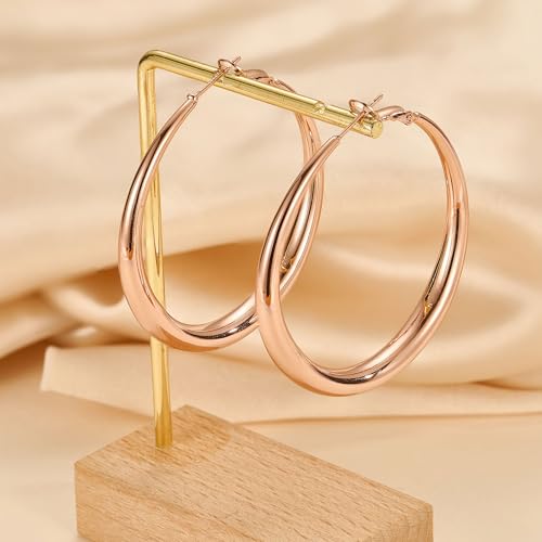 EXGOX Sterling Silver Hoop Earrings - Hypoallergenic, Lightweight, Chunky, 14K Real Gold Plated, Big Large Hoops for Women - color: Chunky&Rose Gold hoop 50mm