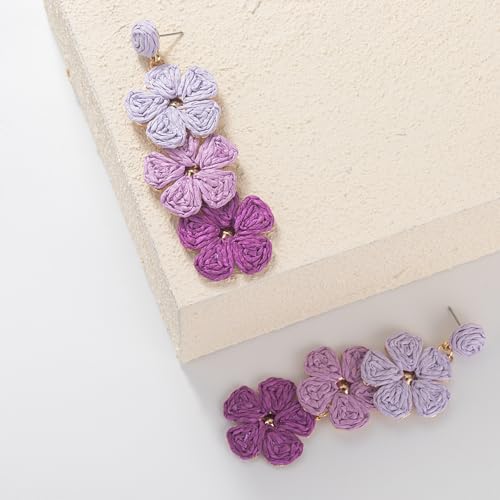 Boho Flower Earrings Statement Raffia Dangle Earrings Cute Floral Jewelry Trendy Summer Beach Vacation Outfits for Women - color: Purple-2