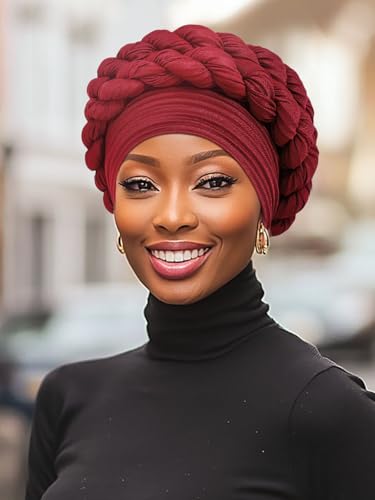 Woeoe Women African Turbans Pre-Tied Twisted Grey Hat Rhinestone Stretchy Head Wrap for Church Party - color: Claret
