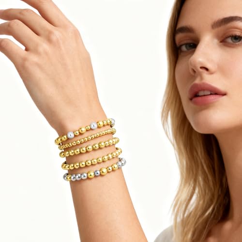 Gold Beaded Bracelets for Women: 14K Gold Bracelets for Women Trendy Dainty Gold Ball Bracelet Stack for Womens - Boho Stretch Bracelets Jewelry Sets with Cross Fashion Accessories Gifts for Women - style: Silver Bead