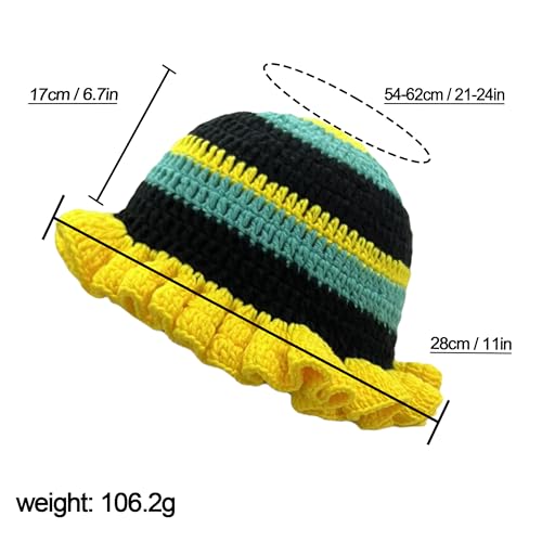 Handmade Crochet Bucket Hat for Women Boho Chic Slouchy Design Colorblock Ruffled Brim Festival&Daily Crochet Hat - color: Yellow Green Black