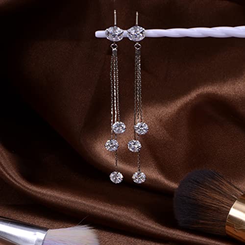 Long Chain Earrings for Women - Sterling Silver Cubic Zirconia CZ Crystal Bridal linear Dangle Drop Earrings for Wedding Girls Party Prom Hypoallergenic Costume Jewelry - color: 14k White Gold Plated