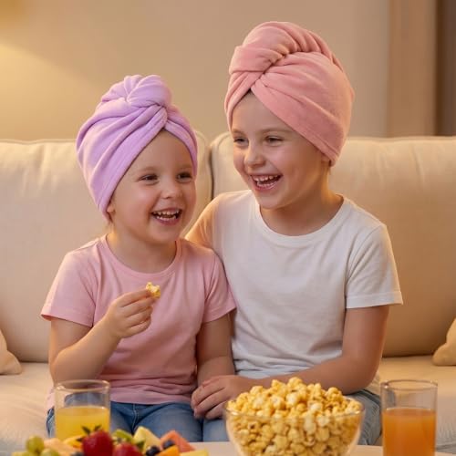 Basumee Microfiber Hair Towel Wrap for Kids 2 Pack Rapid Drying Hair Towel with Button Hair Turbans for Wet Hair Wraps Head Towel Wrap for Women and Girls - color: Purple Pink