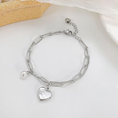Emibele Heart Charm Bracelet for Women, Bible Verse Bracelet Stainless Steel 18K Gold Plated Bracelet Love Pendant Link Chain OT Clasp, Birthday Christmas Jewelry Gift for Mother Her - color: Silver 2