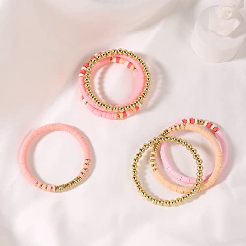 Elegance 11 designs Heishi Beaded Bracelets For Women Polymer Clay Colorful Surfer Stackable Beads Boho Bracelet Summer Beach Jewelry - color: Pink