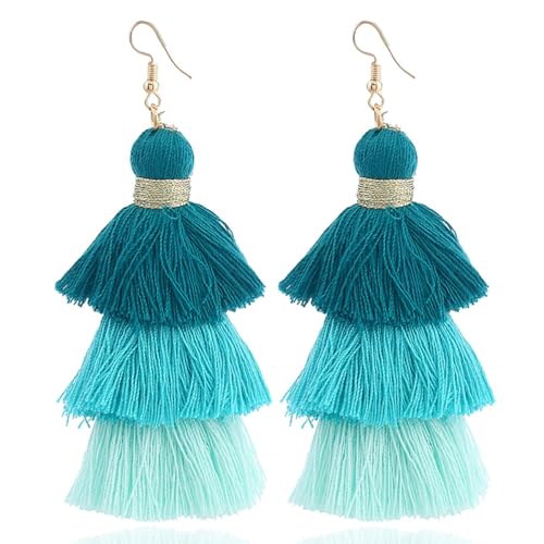 Bohemian Layered Earrings for Women Vintage Three-Layer Ombre Gradient Tassels Earrings Long Statement Tiered Fringe Drop Dangle Earring Elegant Beach Wedding Dangle Earring for Summer Seaside Festivals - color: Green