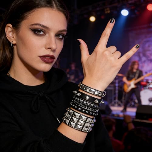 Handmade Black Leather Wrap Studded Bracelets for Women Men, 4Pcs Vintage Punk Wrist Cuff Bangle Wristband Emo Jewelry Gifts - style: Square Stud Style