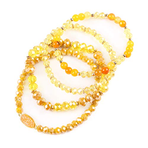 RIAH FASHION Bohemian Acrylic Druzy Multi-Layer Bead Statement Bracelet - Versatile Faux Stone Pendant Stretch Strand Stackable Cuff Bangle Set Sparkly Crystal - color: Oval Acrylic Druzy - Yellow