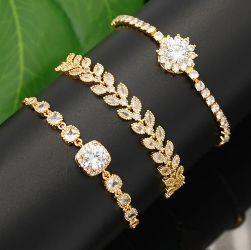Tennis Bracelet for Women Cubic Zirconia Bracelets Adjustable Slider Bracelets - color: Gold 02