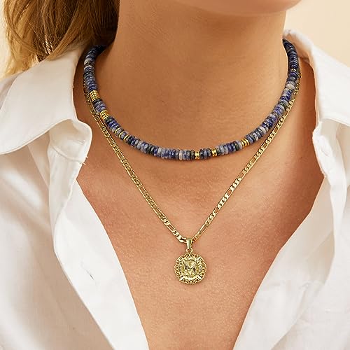 KissYan Boho Beaded Choker Necklace for Women, Gemstone Choker Natural Stone Freshwater Pearl Surfer Necklaces 14K Gold Plated Summer Beach Handmade Jewelry - color: D-Blue Aventurine