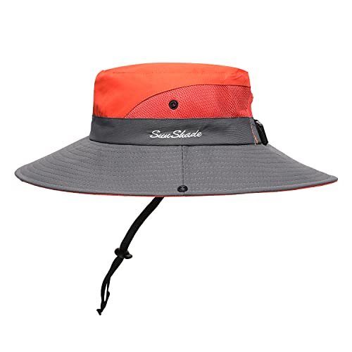 Womens Summer Sun Hat Beach Hat Wide Brim Outdoor UV Protection Hat Foldable Cool Mesh Ponytail Bucket Hat - color: Orange-grey