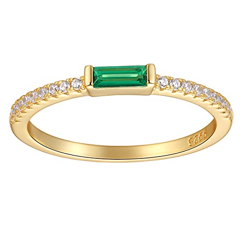 espere Minimal Dainty Baguette Wedding Band Ring | Lab-Created Emerald Cut Cubic Zirconia Stacking Ring | Anniversary Band for Her - color: Emerald CZ - Gold