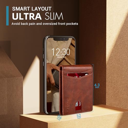 RUNBOX Wallet for Men -Slim Rfid Leather Mens Bifold Novelty Wallets 2 ID Window With Gift Box Men's Accessories | Slim - color: RETRO RED BROWN