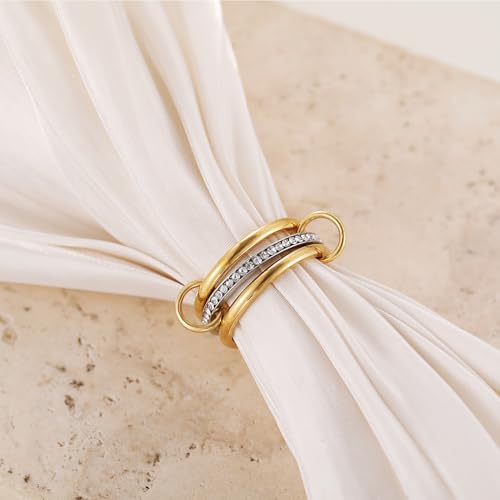 Gold/Silver Interlocked Rings For Women Dainty Stainless Steel Cubic Zirconia Stackable Statement Rings Two-toned Connected Bands Rings Non Tarnish (size 6-10) - color: CZ-Gold triple ring