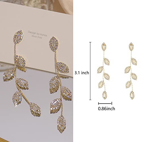 Dangling Earrings for Women Bridal Earrings for Wedding Rhinestone Wedding Prom Anniversary Delicate Leaf silver drop Earrings Long Earrings- Elegant Earrings - color: 01 Leaf Gold