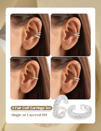 LOLIAS 4 Pairs Ear Cuffs Non Piercing - 14K Gold Plated Ear Cuff Earrings for Women Ear Cuff for Non Pierced Ears Clip on Cartilage Earring Adjustable Fake Earrings Set - style: Double-White Gold Plated