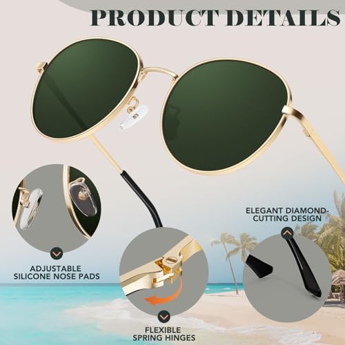 GQUEEN Retro Round Polarized Sunglasses Womens Men Spring Hinge Metal Frame Trendy Hippie Oval Sun Glasses Shades UV400 - color: 1 Gold Frame/Green Lens