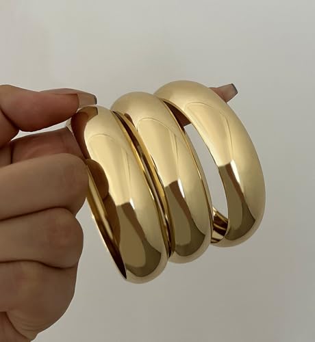 Chunky Gold Bangle Bracelets for Women, Dainty 14k Gold Plated Big Stackable Bangles Set, Trendy Cuff Bracelet Stack Fashion Jewelry Gifts - style: A2-gold