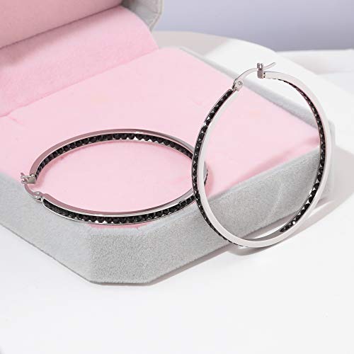 CiNily Mult-colors Crystal Stainless Steel Hoop Earring for Women Hypoallergenic Jewelry for Sensitive Ears Large Big Hoop Earrings 2" - color: Black