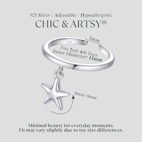 CHIC & ARTSY 925 Sterling Silver Open Toe Ring for Women - Lightweight Comfortable Yoga Toe Rings, Adjustable Stackable Toe Rings, Boho Coastal Vacation Beach Foot Jewellery - color: Starfish