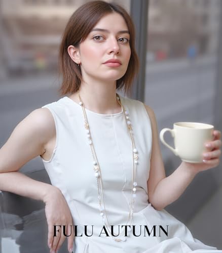 FULU AUTUMN Boho Gold Long Necklaces for Women Natural Stone Beaded Layered Long Necklace Mothers Day Gifts Dainty Flower Costume Jewelry for Women - color: Porcelain White