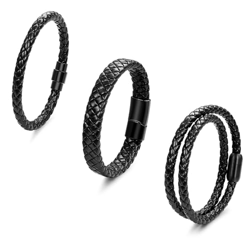 3Pcs Genuine Italian Braided Leather for Men Women Leather Wrist Cuff Bracelets Black Brown Stainless Steel Clasp Wrap Wristband 7.5-9 Inches - color: Black