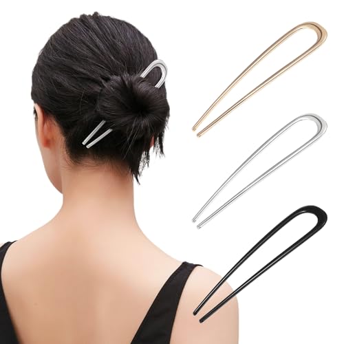 AWAYTR 3Pcs French Hair Pins for Women - Metal Hair Forks for Elegant Bun, Twist & Chignon Hairstyle Accessories (U+Black+Gold+Sliver) - color: U+Black+Gold+Sliver