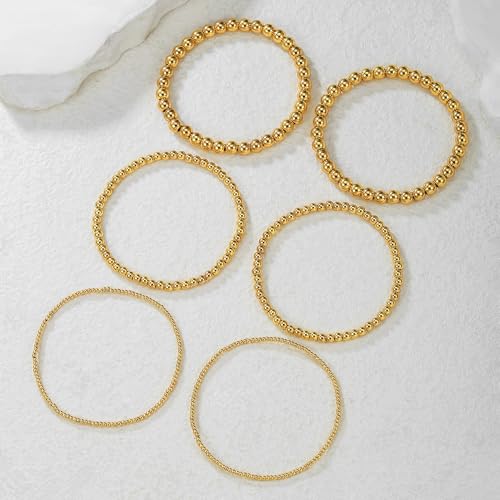 Gold Bracelets for Women 14K Gold Plated Beaded Non Tarnish Bracelets Stretch Bead Ball Bracelet Stack Set Jewelry for Gifts - color: D SET 6PC