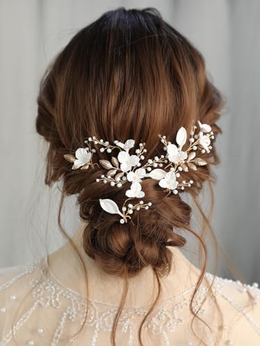 Beads Pearl Hair Pins, 6 Pcs Bridal Handmade White 3D Pinch Flower Fairy Bride Wedding Hair Pieces Leaf U Shaped Hair Accessories Headpiece Bridesmaids Women Girls Gold - color: Gold / Beads White Flower
