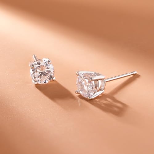 Amazon Essentials Plated Sterling Silver Cubic Zirconia Stud Earrings (Round & Princess) - color: White/Platinum, size: 6.5 mm, style: Round Cut
