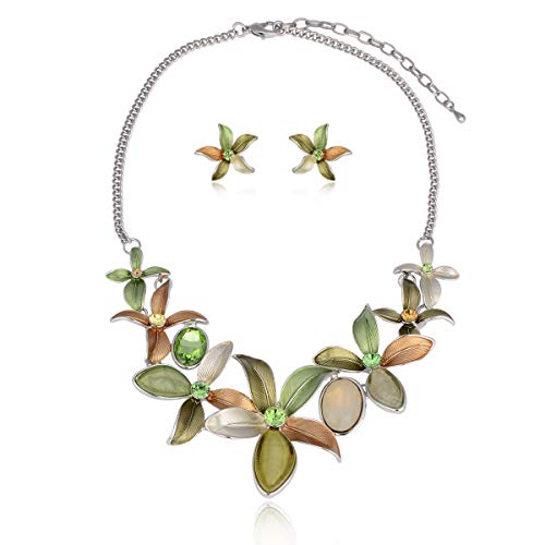AMYJANE Vintage Statement Jewelry Set - Spring Leaf Flower Floral Plant Necklace Earring Set Crystal Rhinestone Fashion Costume Jewelry for Women Prom Party Unique Gift - style: Flower Jewelry Set Green