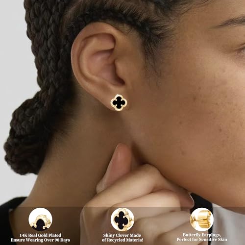 Elegant Black Onyx Clover Stud Earrings, 14K Gold Plated Four Leaf Hypoallergeinc Stud Stainless Steel Flower Earring Lucky Simple Jewelry Gift for Women Shiny Multiple Onyx Colors - color: Black Clover Stud Earrings
