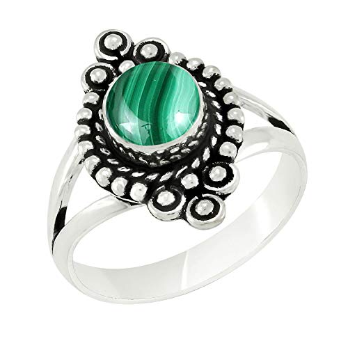 Round Shape Natural Gemstone Vintage Style Handmade Rings for Women - 925 Silver Overlay Handmade Birthstone Ring Jewelry Gift for Her Mom Wife Sister - color: Malachite