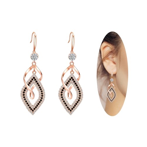 Dangle Earrings for Women, 925 Sterling Silver Handmade Linear Swirl Wire Bohemian Boho 14K Gold Diamonds Earrings Hypoallergenic Fashion Jewelry Gifts for women - color: Rose Gold