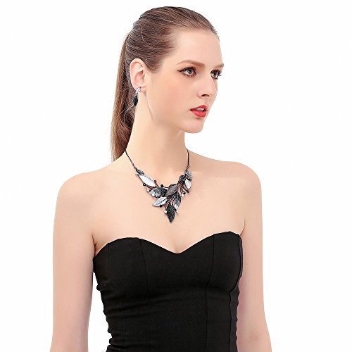 AMYJANE Vintage Statement Jewelry Set - Spring Leaf Flower Floral Plant Necklace Earring Set Crystal Rhinestone Fashion Costume Jewelry for Women Prom Party Unique Gift - style: Grey Leaves Jewelry Set