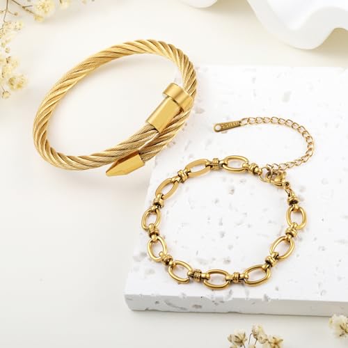 2PCS 18K Gold Plated Nail Bangle & Chain Bracelet Set for Women, Adjustable Stackable Bangle Jewelry, Dainty Gold Bracelet Gift for Women - color: Set L