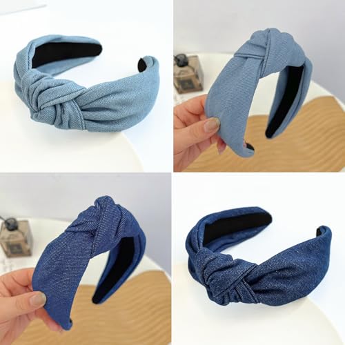 2 Pcs 6CM Wide Knotted Hair Hoops Vintage Denim Knot Headbands Non-Slip Elastic Top Thick Hairbands Dark Blue Light Blue