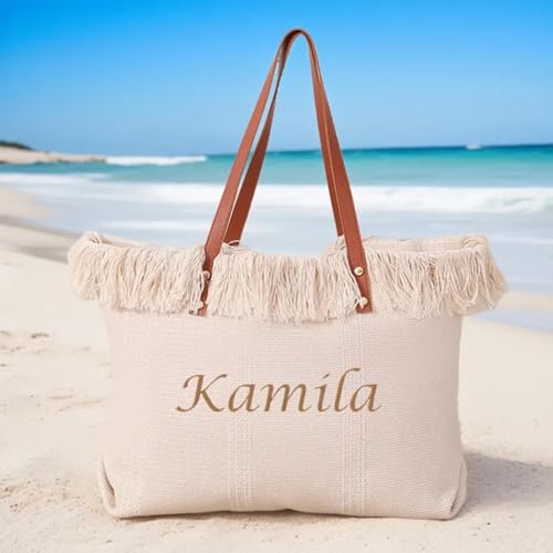 Personalized Embroidered Bridesmaid Tote Bag, Custom Large Women Vaction Travel - color: White