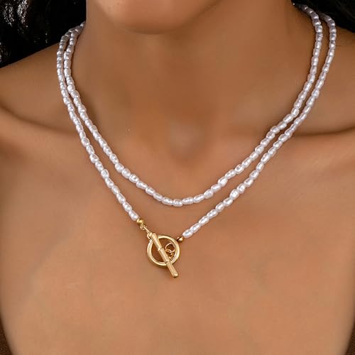 Red Beaded Necklace for Women Choker Gold Toggle Clasp Layered Stack Dainty Statement Western Boho Trendy Summer Vacation Necklaces Birthday Jewelry Gifts - color: D:pearl Necklace