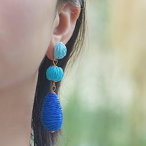 Boho Raffia Earrings Statement Dangle Earrings Cute Teardrop Ball Earrings Colorful Summer Jewelry Handmade Rattan Earrings for Women - color: 3Blue