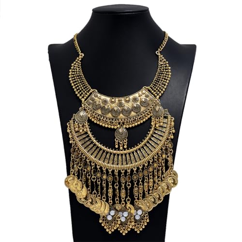 Vintage Engraved Bib Statement Necklace for Women Chunky Bohemian Ethnic Gypsy Choker Necklaces Jewelry
