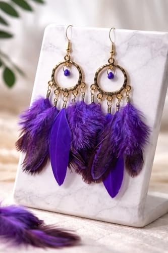 Feather Earrings for Women, Boho Long Brown Gold Dangle Drop Earrings, Handmade Statement Vintage Western Style Lightweight Trendy 2026 Fancy Unique Jewelry Gift - color: Purple