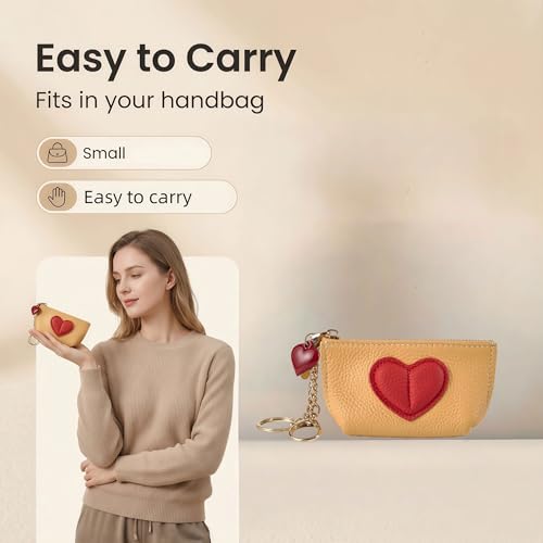 Red Heart Design Small Coin Purse - Cute Compact Keychain Change Purse Soft Leather Wallet with Zipper for Women (Yellow) - color: Yellow