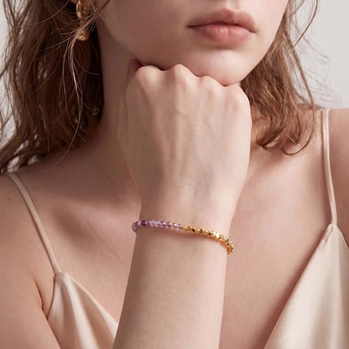 Fettero Beaded Bracelets for Women Charm Natural Stone Handmade Beads White Gold Plated Dainty Gold Bracelets Non Tarnish Boho Summer Beach Vacation Jewelry - color: Light purlbe
