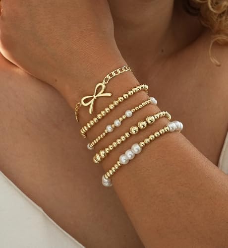 Gold Beaded Bracelets for Women, 14K Real Gold Plated Jewelry for Women Dainty Pearl Bead Bracelets Stack, Non Tarnish Trendy Stackable Ball Cross Stretch Bracelet Set Fashion Accessories Gifts - color: Gold bead & Bow chain
