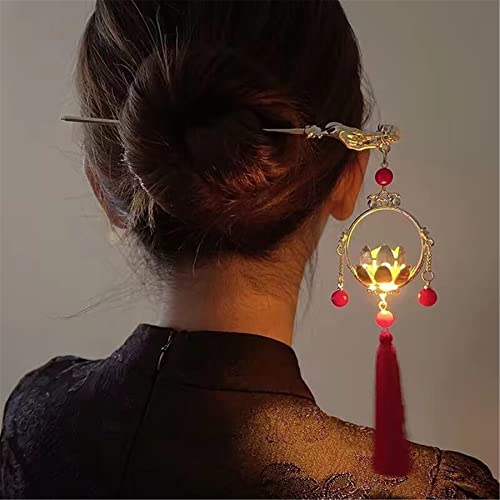 Chinese Hair Accessories Hair Stick Lantern Light Tassel Hairpins Coiled Hair Vintage Hair Bun Hair Pin for Women Red 1pc - color: Red