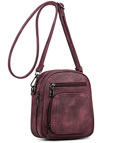 FADEON Small Purses for Women Crossbody Bags, Designer PU Leather Mini Cross Body Purse Travel Shoulder Bag Card Slots - color: Wine Red Retro Style