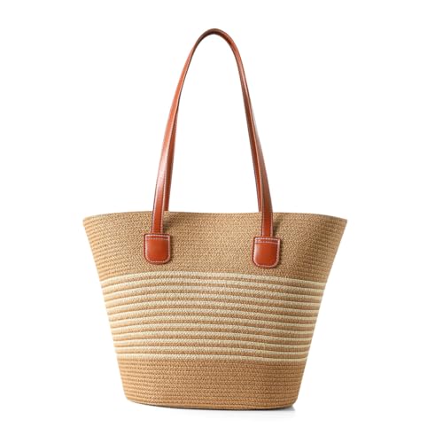 Straw Bags For Women | Travel Straw Totes Bag, Summer Woven Shoulder Bag Handbag - color: Straw/White