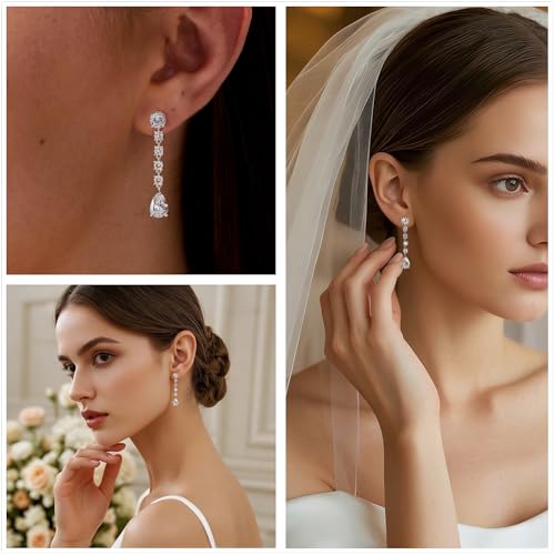 Teardrop Cubic Zirconia Dangle Earrings for Women 925 Silver Post Gold Plated Bridal Jewelry for Wedding Bride Bridesmaid Prom Pageant - color: White Gold
